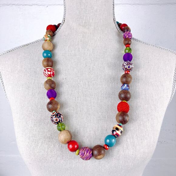 Colorful Chunky Painted Wood Bead Global Style Necklace Boho Bold Folk Graziano? - Picture 7 of 11